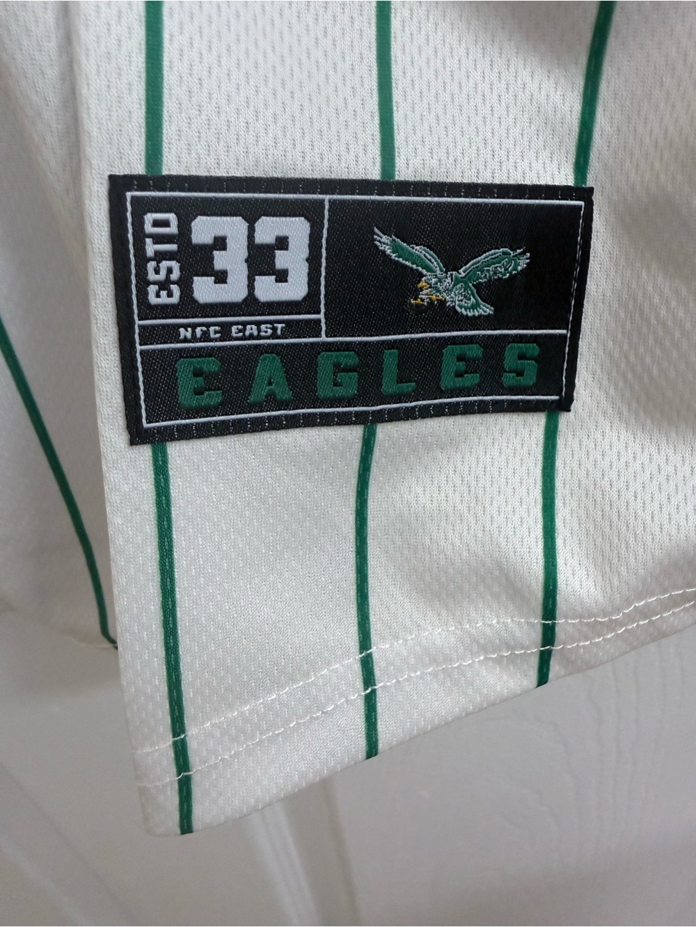 NWT Philadelphia Eagles Cream and Kelly Green Pinstripe Baseball Jersey, Size L - Picture 3 of 4